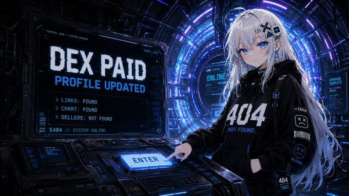An anime-style illustration of a silver-haired girl in a black hoodie labeled '404' pressing an ENTER button next to a screen displaying 'DEX PAID PROFILE UPDATED' with details like 'LINKS: FOUND' and '$404 // SYSTEM ONLINE'.
