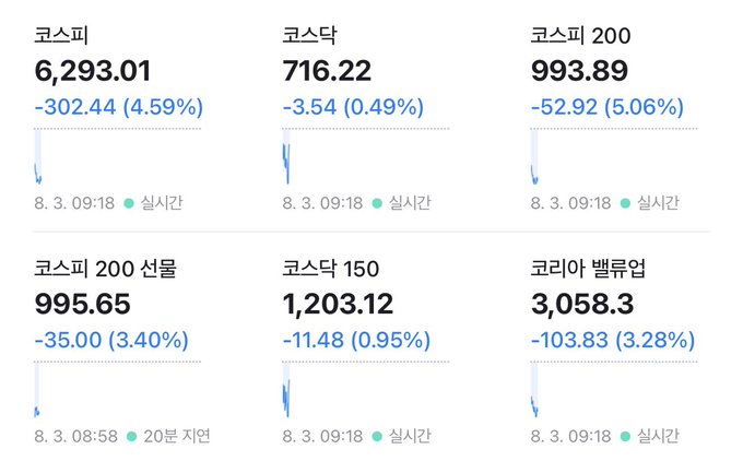 Korean stock market indices showing significant declines: KOSPI at 6,293.01 (-302.44, 4.59%), KOSDAQ at 716.22 (-3.54, 0.49%), KOSPI 200 at 993.89 (-52.92, 5.06%), KOSPI 200 선물 at 995.65, KOSDAQ 150 at 1,203.12, and KOSPI 밸류업 at 3,058.3, all as of 8.3 09:18.