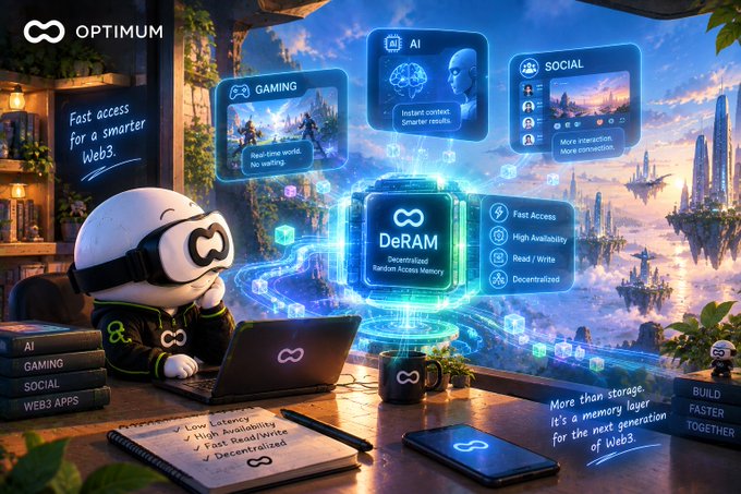 A promotional image for 'OPTIMUM' featuring a white robot character with a laptop, showcasing 'DeRAM' technology with categories for AI, Gaming, and Social, emphasizing 'Fast access for a smarter Web3'.