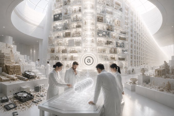 The image features a group of people gathered around a table with a white cord running across it. They appear to be engaged in an activity, possibly working on a project or discussing something important. The room they are in has a circular ceiling that adds architectural interest to the space. There is also a large white sculpture visible in the background, which further enhances the overall aesthetic of the scene.

The post accompanying this image encourages users to imagine a world where their memories are stored permanently and never lost due to power outages or device failures. The idea behind this concept is that by using AR technology, people can store their memories on a small white cord that runs across the table. This cord acts as a "forever battery" for their memories, ensuring that they will always be accessible even when traditional storage methods fail.