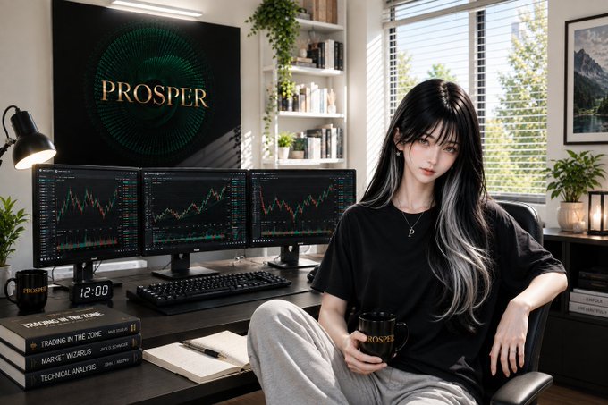 A stylized digital illustration of a woman at a trading desk with multiple monitors showing charts, with 'PROSPER' displayed on the wall and books titled 'TRADING IN THE ZONE' and 'MARKET WIZARDS' nearby.