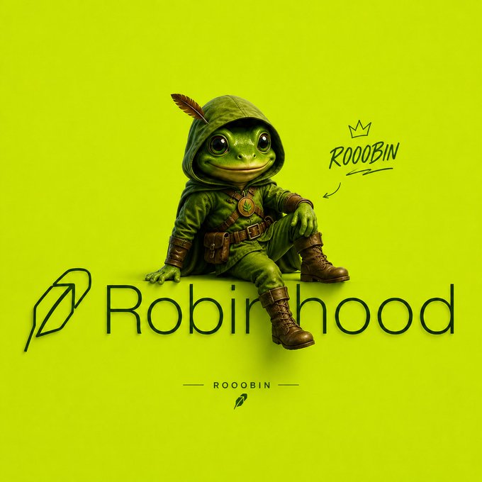 A green-themed graphic featuring a frog-like character in a Robin Hood outfit with a feather in its hood, branded as 'Robinhood' by Rooobin on a bright green background.