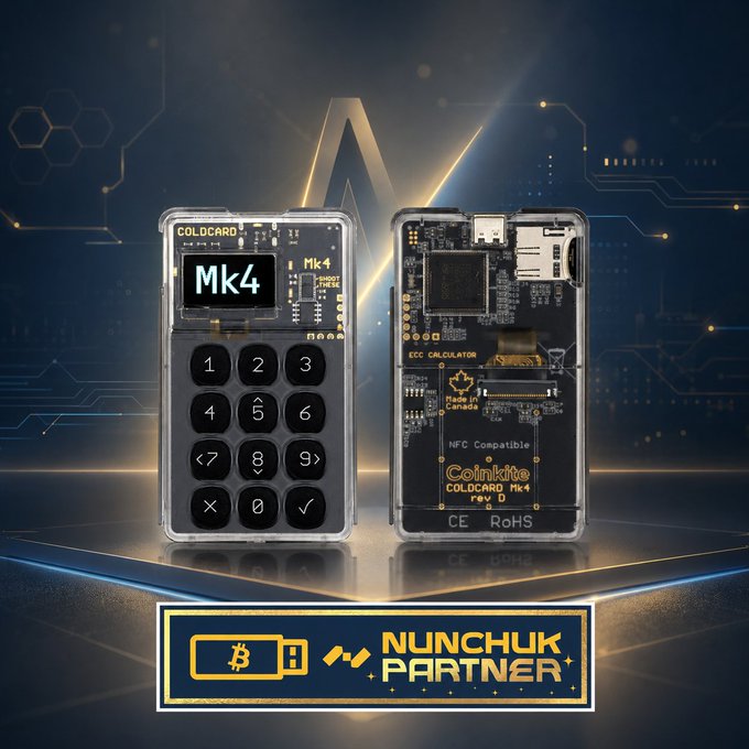 A promotional image shows the front and back of a Coinkite COLDCARD Mk4 hardware wallet with a keypad, alongside a banner identifying 'NUNCHUK PARTNER'.