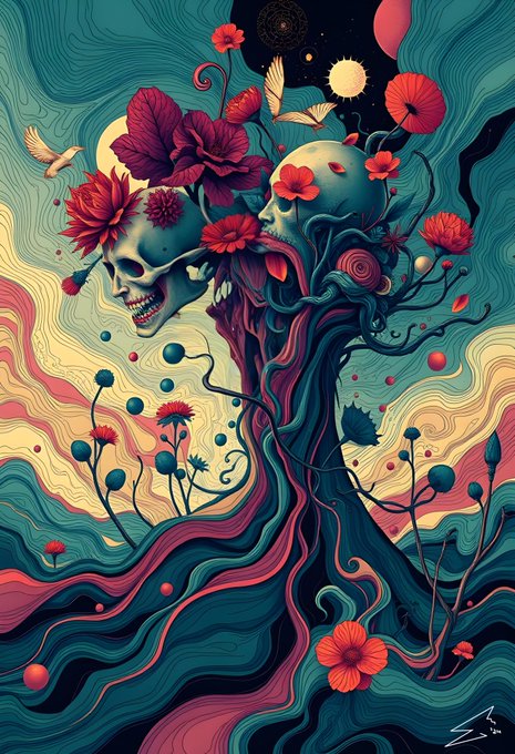 The image features two skulls with flowers growing out of them, surrounded by plants and a tree. The background has a blue sky with clouds and stars, creating an artistic and surreal atmosphere. The caption for the image reads "Happy #TEZOSTUESDAY B L O S S O M", which is related to the post about the age of women blooming into their full potential.