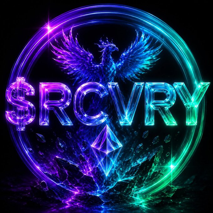 A stylized neon graphic featuring the text "$RCVRY" alongside a glowing blue phoenix and an Ethereum (ETH) diamond logo against a black background.