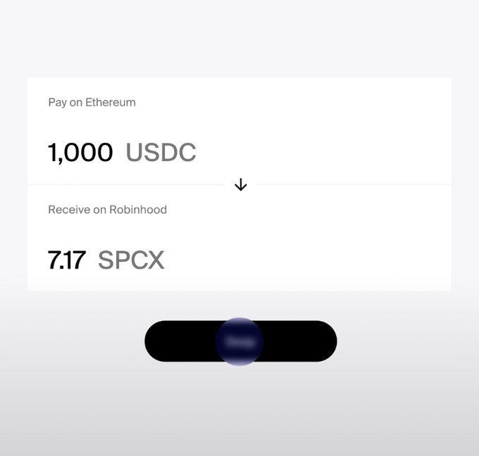A screenshot of a swap interface showing a trade of 1,000 USDC from Ethereum to receive 7.17 SPCX on Robinhood. The image illustrates the post's point about 1inch's new feature enabling direct cross-chain swaps into Robinhood Chain without needing multiple bridging steps.