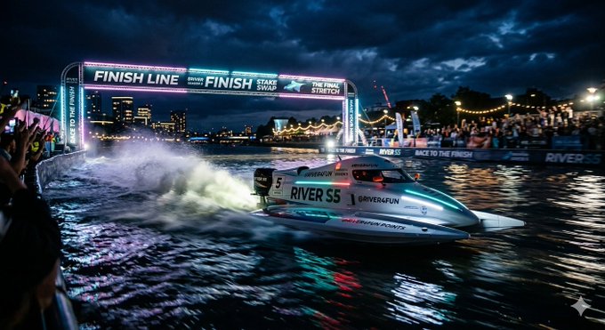 The image captures a thrilling moment at a boat race where a speedboat named "RIVER S5" is racing through the water, leaving a trail of white smoke behind as it crosses the finish line. The crowd is cheering enthusiastically from the sidelines, witnessing this exciting event unfold. The photo also includes text that reads: "$RIVER S5 is reaching its grand finale! Every single stake swap campaign and interaction fuels your @River4fun Points. The river never rewards bystanders—stay active, keep flowing, and claim your rewards before time runs out."