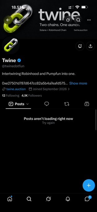 The image shows the Twitter/X profile of "Twine" (@twinedotfun), a Solana-based Robinhood Chain project with the tagline "Two chains. One launch" and 4.1K followers, though the page currently displays "Posts aren't loading right now." This relates to the post by noting Twine's significant decline from its 6 million ATH to its current rugged state, illustrating the harsh reality of trenching in crypto.