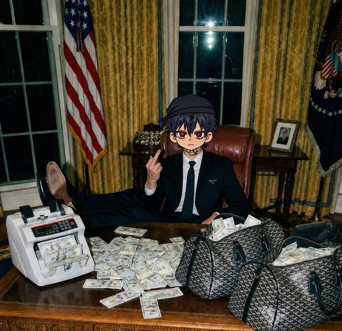 The image features a man sitting at a desk with two suitcases, one of which has money inside. He's wearing a black hat and tie, giving him a hipster appearance. The desk also contains an American flag, suggesting that he might be in a room related to politics or government. The post about the Polymarket when it's time for TGE is likely related to this scene, as it could be discussing the current political climate or economic trends.

The man sitting at the desk with suitcases and money seems to be making a statement or expressing his opinions on these topics through his appearance and surroundings.