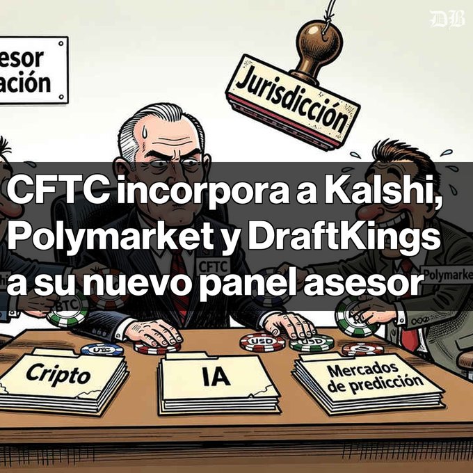 The image is a cartoon-style illustration showing two men sitting at a table with stacks of papers labeled "Cripto," "IA," and "Mercados de predicción," alongside a large stamp marked "Jurisdicción" and poker chips; the Spanish headline reads "CFTC incorpora a Kalshi, Polymarket y DraftKings a su nuevo panel asesor," visually representing the newly formed CFTC Innovation Advisory Committee set to discuss crypto, AI, and prediction markets.