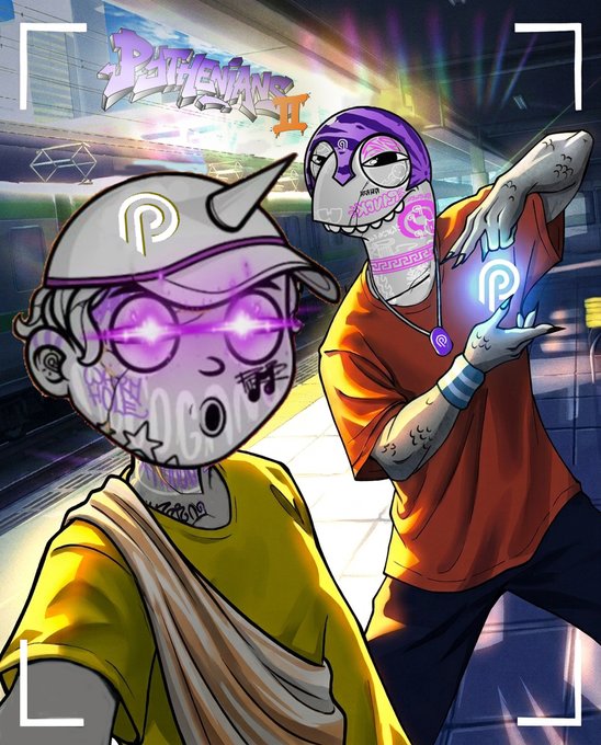 A vibrant cartoon-style illustration of two graffiti-covered characters wearing caps and sunglasses, with one holding up glowing hands, under the text 'Petvenants II'.