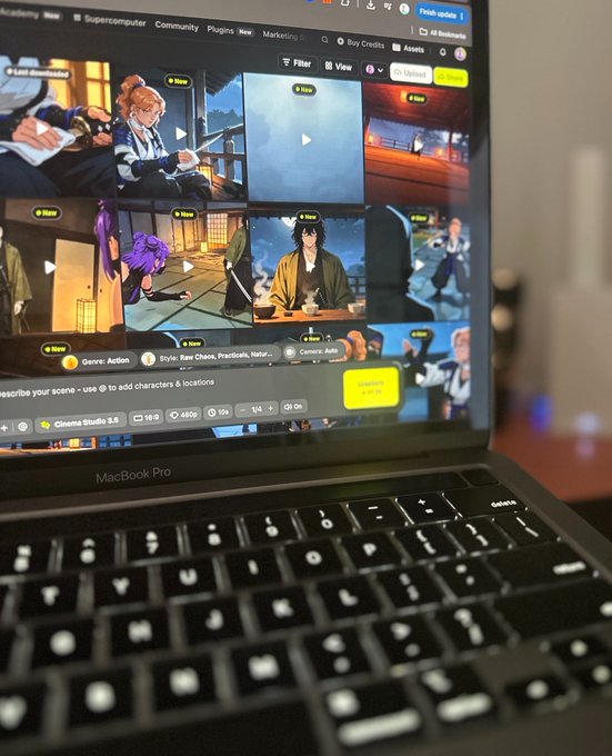 A MacBook Pro screen displaying the Cinema Studio 3.5 interface by Supercomputer, showing various AI-generated anime-style scenes in a grid layout.