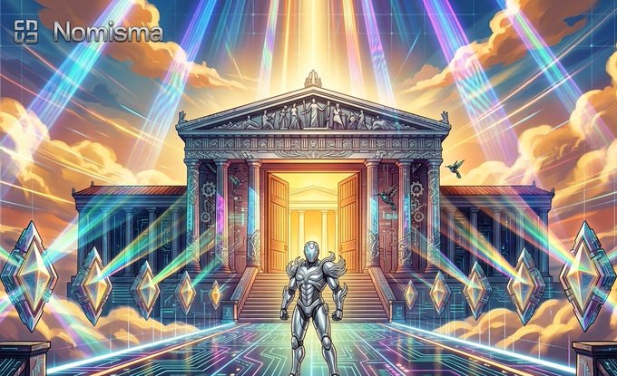 The image features a man standing in front of a large, ornate building with columns and arches, possibly a temple or palace. The man appears to be wearing a suit of armor, which adds an element of mystery and intrigue to the scene. The background is filled with colorful lights that create a vibrant atmosphere around the building.

The image also contains text elements such as "Nomisma" and "@NomismaNetwork", suggesting that this artwork might be related to Nomisma Network or their focus on sustainable ecosystem growth rather than chasing short-term attention through trading, dApp interactions, or other similar activities.
