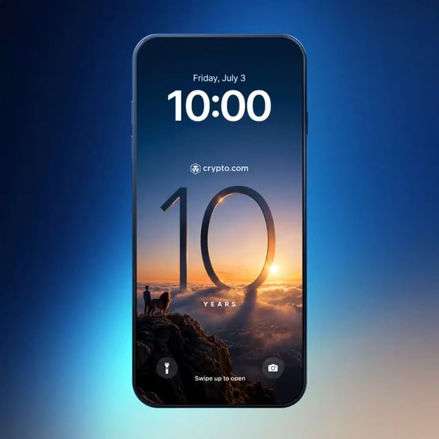 A smartphone lock screen displays "Friday, July 3, 10:00" along with a "crypto.com" logo and a large "10 YEARS" anniversary graphic featuring two figures standing on a mountain at sunrise, visually celebrating Crypto.com's decade milestone in line with the caption about marking milestones and owning what's next.