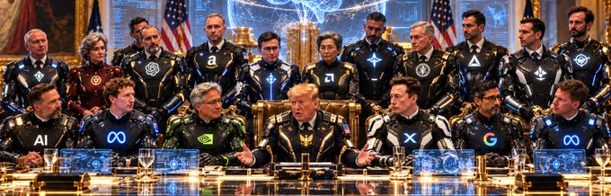 An AI-generated image depicting a large group of tech executives wearing futuristic armored suits seated around a long conference table in a grand hall, with one central figure (resembling Donald Trump) speaking, and others wearing suits with logos including Meta, Bitcoin, Nvidia, Google, and Infinity.