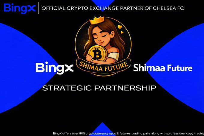 The image announces a strategic partnership between BingX, the Official Crypto Exchange Partner of Chelsea FC, and "Shimaa Future," featuring a cartoon mascot holding a Bitcoin and the tagline that BingX offers over 800 cryptocurrency spot and futures trading pairs with professional copy trading, aligning with the post's promotion of BingX as a secure trading platform.