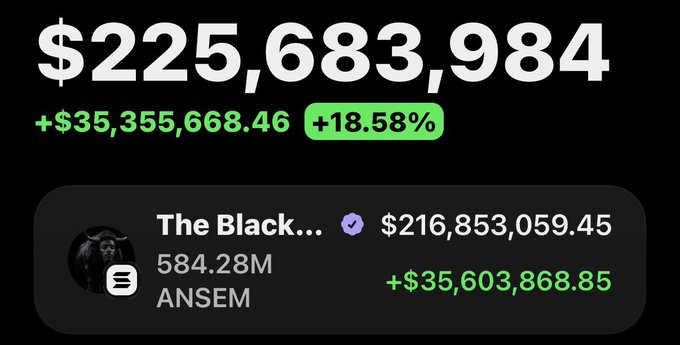 A trading dashboard displays a $225,683,984 market cap with an 18.58% gain (+$35,355,668.46), highlighting "The Black..." wallet holding $216,853,059.45 worth of 584.28M $ANSEM tokens (+$35,603,868.85), visually supporting the post's claim about large $ANSEM airdrop recipients and the token's price appreciation.