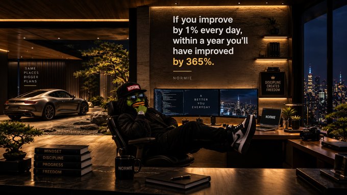 A dimly lit, luxurious room with a city skyline view, featuring a person in a black hoodie and cap sitting in a chair drinking from a green bottle, with the quote 'If you improve by 1% every day, within a year you'll have improved by 365%. NORMIE' displayed on the wall and books labeled 'MINDSET DISCIPLINE PROGRESSION FREEDOM'.