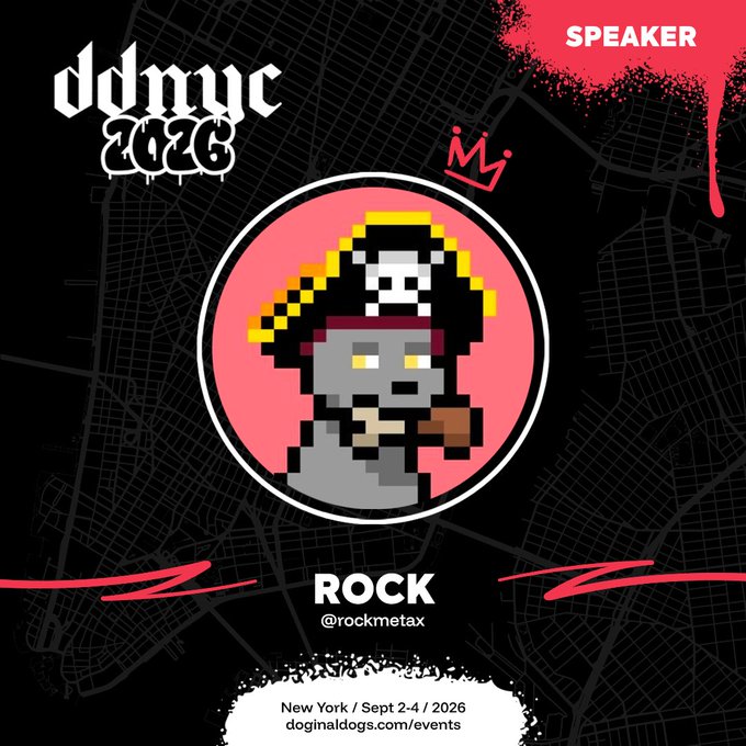 A black promotional poster for 'ddmyc 2026' featuring a pixel-art pirate character in a circle with the text 'SPEAKER', 'ROCK', '@rockmetax', 'New York / Sept 2-4 / 2026', and 'doginaldogs.com/events'.
