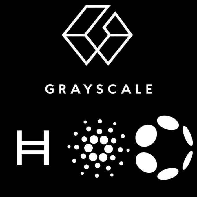 A black background featuring the "GRAYSCALE" logo at the top alongside three cryptocurrency logos below: Hedera (H), Cardano's dot symbol, and Polkadot's circular emblem—representing the ADA, HBAR, and DOT ETF filings that Grayscale recently withdrew.