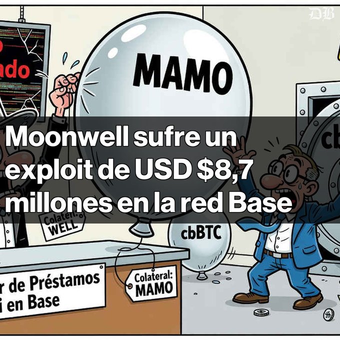 A cartoon illustration shows an anxious man next to a large egg labeled 'MAMO' that is cracking, with smaller eggs labeled 'cbBTC' and tags reading 'Colateral: WELL' and 'Colateral: MAMO'. Overlay text reads 'Moonwell sufre un exploit de USD $8,7 millones en la red Base', depicting a DeFi exploit news graphic.