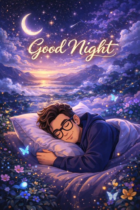 A young man with glasses sleeps peacefully on a pillow beneath a starry night sky with a crescent moon, surrounded by glowing flowers and butterflies, with the text "Good Night" displayed prominently above. The dreamy, tranquil scene complements the post's theme of winding down while highlighting @TheARCTERMINAL's vision for AI agents that think and act autonomously.