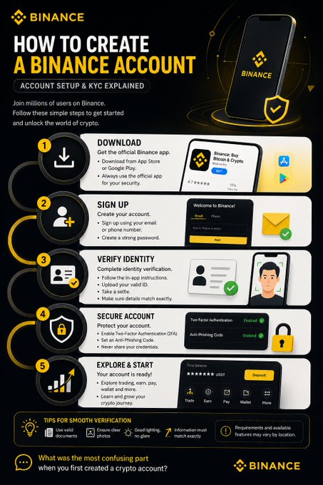 A Binance tutorial infographic titled 'HOW TO CREATE A BINANCE ACCOUNT' outlining five steps: Download, Sign Up, Verify Identity, Secure Account, and Explore & Start.