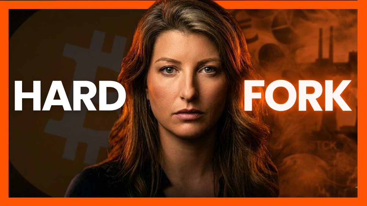 A podcast cover art featuring a woman's face against an orange background with a Bitcoin logo, industrial smokestacks, and the bold white text 'HARD FORK.'