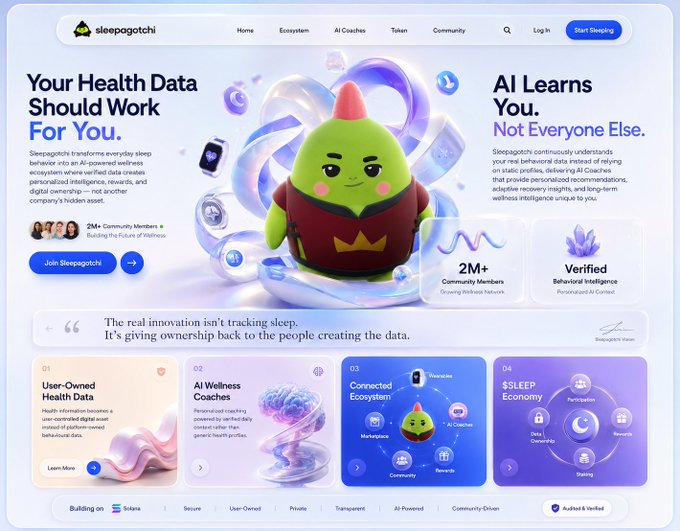 The image shows a landing page for "Sleepagotchi," a sleep-tracking AI ecosystem featuring a green pickle-like mascot, with text such as "Your Health Data Should Work For You," "AI Learns You, Not Everyone Else," "2M+ Community Members," and numbered sections (01–04) including "User-Owned Health Data," "AI Wellness Coaches," "Connected Ecosystem," and "$LEEP Economy." It visually supports the post's message by emphasizing that the platform's real value lies not in raw user numbers but in its interconnected ecosystem—community, AI coaches, marketplace, and rewards—where the network effect of user-owned data drives the project's true growth and impact.