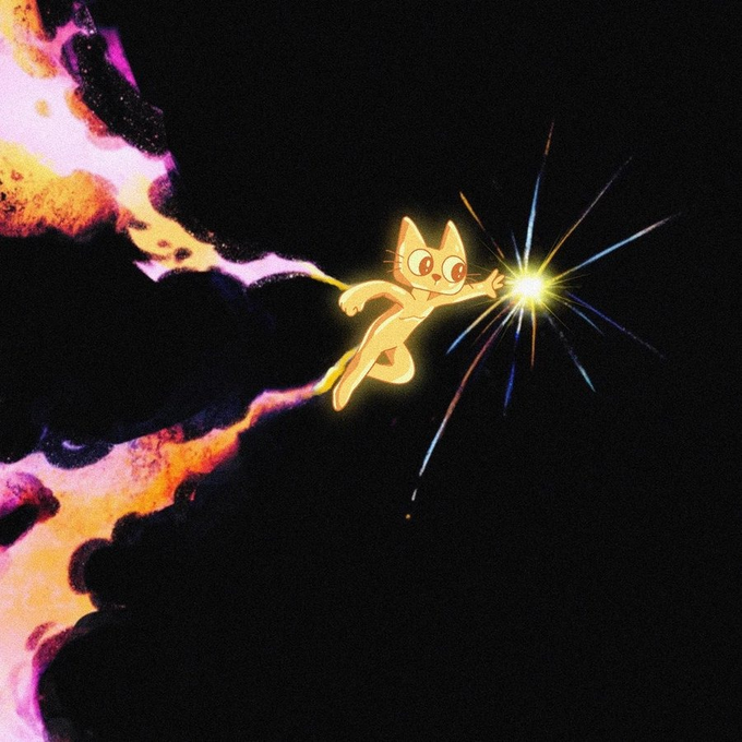 A stylized illustration of a glowing cat-like character reaching out toward a bright starburst of light against a dark background with colorful cosmic clouds.
