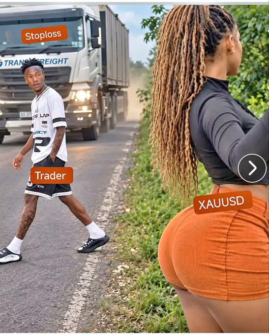 A digitally altered image shows a man walking in front of a truck labeled 'Stoploss' and 'Trader', while a woman in the foreground is labeled 'XAUUSD', using financial trading terminology to label the subjects.