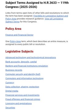 A screenshot of the Congress.gov "Subject Terms Assigned to H.R.3633" page for the 119th Congress (2025-2026), listing policy areas and legislative subjects such as "Financial and Financial Sector" and "Securities" assigned to the bill. The image relates to the accompanying post by illustrating the official legislative classification of the CLARITY Act (H.R. 3633), confirming its focus on financial and digital asset regulation.
