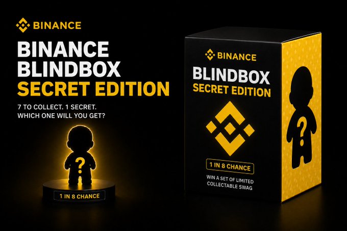 The image features two boxes, one black with a yellow logo for Binance Blindbox Secret Edition and another smaller box containing a toy figure of a person wearing a question mark hat. The text "Just dropped my concept for the Binance Blindbox Secret Edition I went for a clean and premium look with a mystery vibe" is written above the boxes, suggesting that someone has created an idea or concept related to these items.