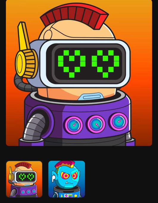 A cartoon-style robot character with a digital display face showing two green heart-shaped eyes, a red mohawk, and a purple body shown alongside character portraits.