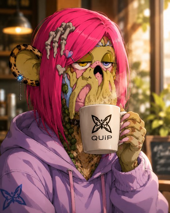 A stylized digital illustration of a zombie-like character with pink hair holding a white mug that displays the 'QUIP' logo.