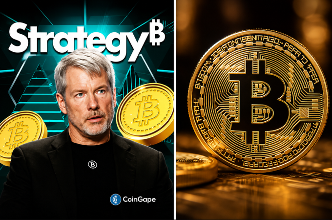 A thumbnail image featuring a man in a black shirt with the 'Strategy B' logo, the CoinGape watermark, alongside a man with silver hair and large gold Bitcoin coins.