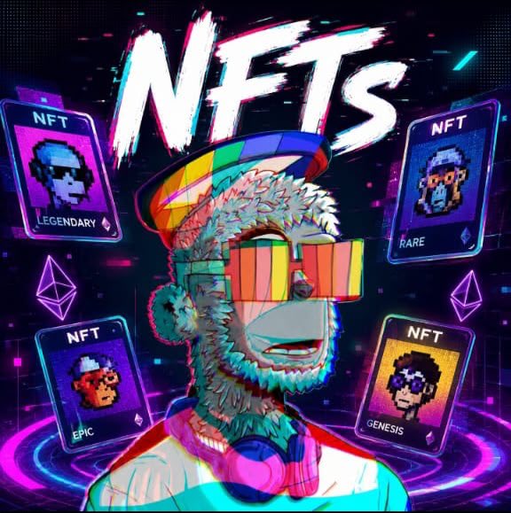 A vibrant digital illustration features a pixelated ape-style character wearing colorful shutter-shade sunglasses and a cap, surrounded by four NFT trading cards labeled "LEGENDARY," "RARE," "EPIC," and "GENESIS," with the bold text "NFTS" dominating the top — perfectly capturing the "NFTs season" hype by showcasing the diverse rarity tiers of collectible NFTs.