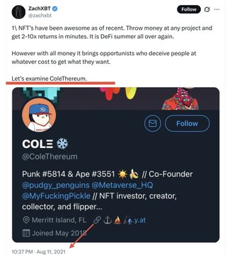 A Twitter/X post by ZachXBT highlighting a profile of NFT investor "Cole" (@ColeTherum), showing Punk #5814 and Ape #3551 in his collection, with red arrows pointing to various details—tying into the post's claim that crypto "criminals" are making money again by deceiving investors during the DeFi summer.