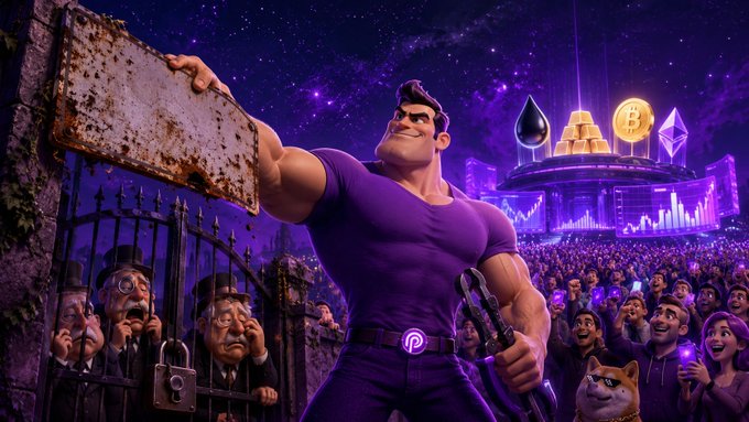 A muscular cartoon hero in a purple shirt emblazoned with the Pyth "P" logo smashes through a rusted gate guarded by stunned traditional bankers, while a crowd of crypto enthusiasts cheers beneath a neon-lit cityscape featuring golden crypto icons and a "PYTH" branded platform. The image visually captures the post's theme of legacy finance being left behind as crypto, represented by PYTH, powers through the old systems as a long-awaited market upgrade.