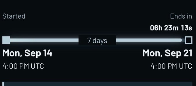 A countdown timer interface showing a 7-day window that started Monday, September 14 at 4:00 PM UTC and ends Monday, September 21 at 4:00 PM UTC, with 06h 23m 13s remaining.
