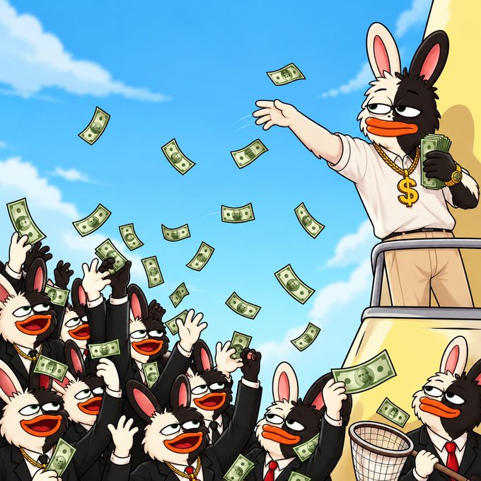 A black-and-white furred cartoon bunny wearing a gold dollar-sign chain throws cash from an elevated platform to a cheering crowd of suited bunnies below, with no visible text or tickers in the image—simply symbolizing the abundance and "live launch" excitement promised by the $BORO announcement.