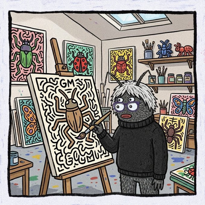 A cartoon-style illustration of a furry character with glasses painting a bug artwork on an easel in an art studio filled with colorful paintings of insects (ladybugs, butterflies, beetles) and art supplies on shelves.