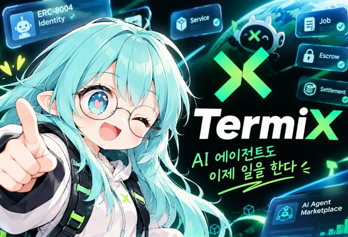 An anime-style illustration of a turquoise-haired character with glasses and elf ears pointing forward, promoting "TermiX" with Korean text "AI 에이전트도 이제 일을 한다" and labels like "Service," "Job," "Escrow," "Settlement," and "AI Agent Marketplace."