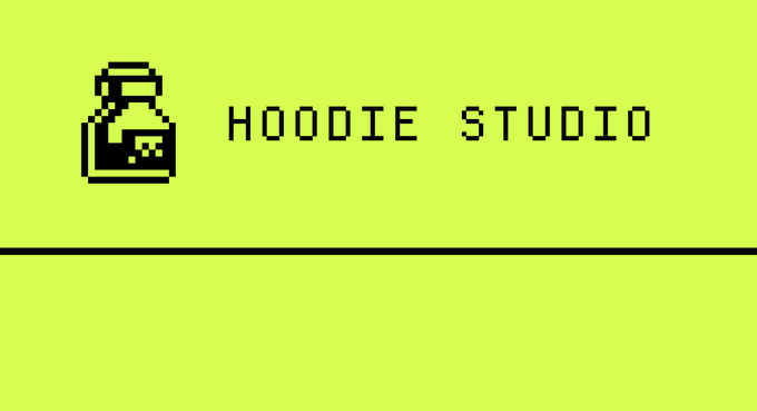 A pixel-art style banner with a lime green background featuring a black potion bottle icon and the text 'HOODIE STUDIO' separated by a horizontal line.