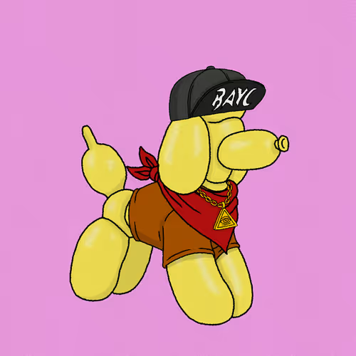 An inflatable balloon-style cartoon dog wearing a black 'BAYC' cap, red bandana, gold chain, and brown shorts, giving a thumbs up against a pink background.