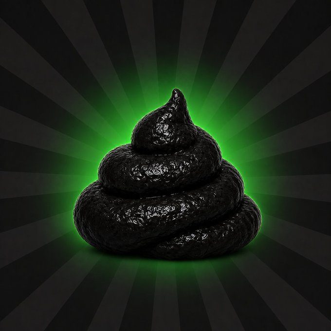 A 3D rendering of a glossy black coiled poop emoji on a black background with radiating sunbeam patterns and a glowing green aura.