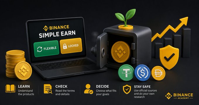 A Binance Academy promotional graphic showcases 'SIMPLE EARN' featuring 'FLEXIBLE' and 'LOCKED' options, illustrated with a laptop, a safe with a growing plant, gold coins, a security shield, and a rising chart, along with icons for USD and DAI cryptocurrencies.