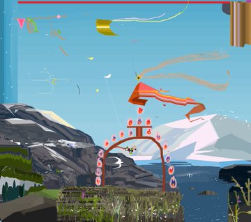 A digital illustration showing a blue sky with kites, mountains, water, and a decorative archway pathway.