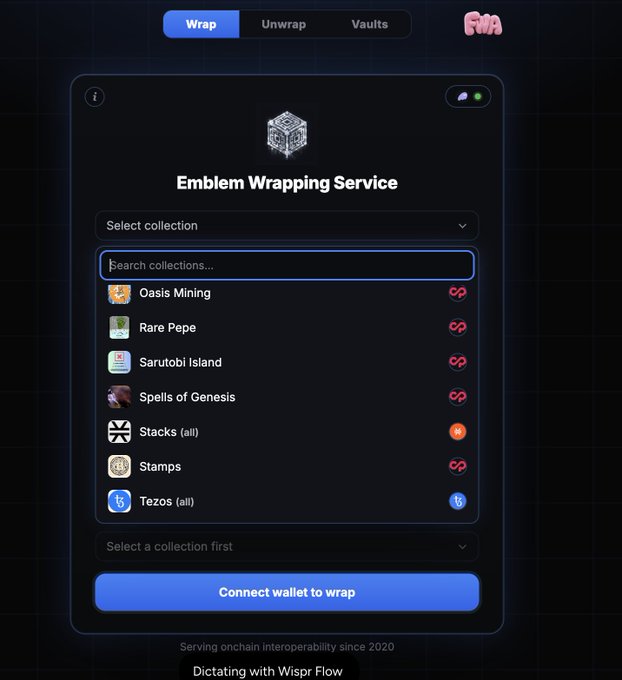 The image shows the "Emblem Wrapping Service" interface with a "Wrap" tab selected, displaying a dropdown menu of supported collections including Oasis Mining, Rare Pepe, Sarutobi Island, Spells of Genesis, Stacks, Stamps, and notably "Tezos (all)" marked with the te symbol. This visually confirms the post's claim that Tezos support is already available on the wrapping service, as it appears in the selectable collections list.