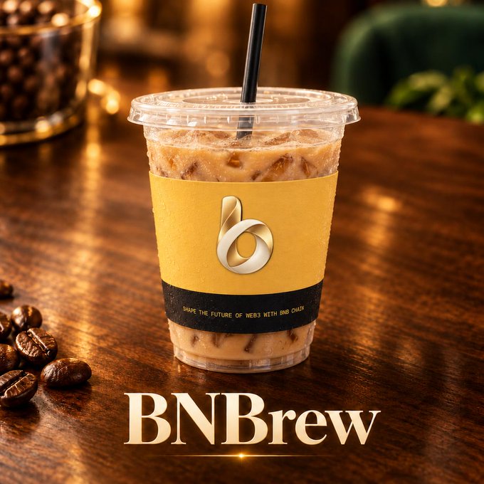 A promotional image titled 'BNBBrew' showing an iced coffee drink in a clear cup with a yellow sleeve featuring a gold logo and the tagline 'SHAPE THE FUTURE OF WEB3 WITH ONE CHURN'.